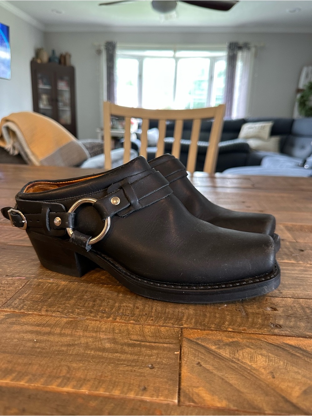 Frye Black Leather Harness Mules Size 8.5